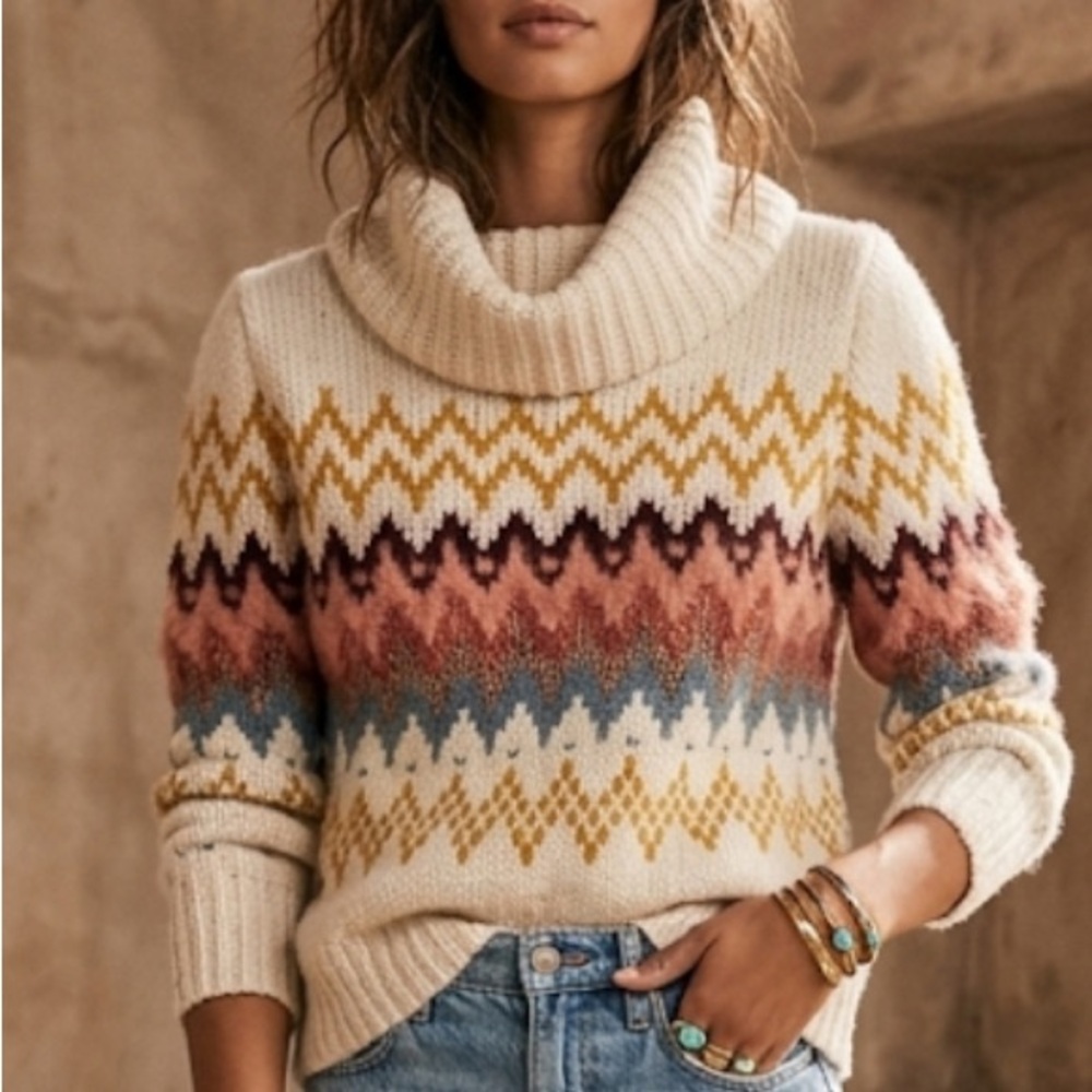LOFT Sweater XS Ivory Fair Isle Knit Turtleneck Long Sleeve Ski Western Boho